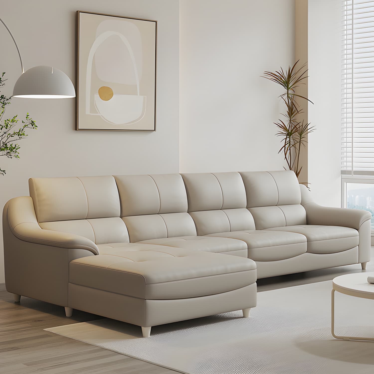 Beige Genuine Leather Modern Stationary Sectional Sofa with Wood Frame - image 4