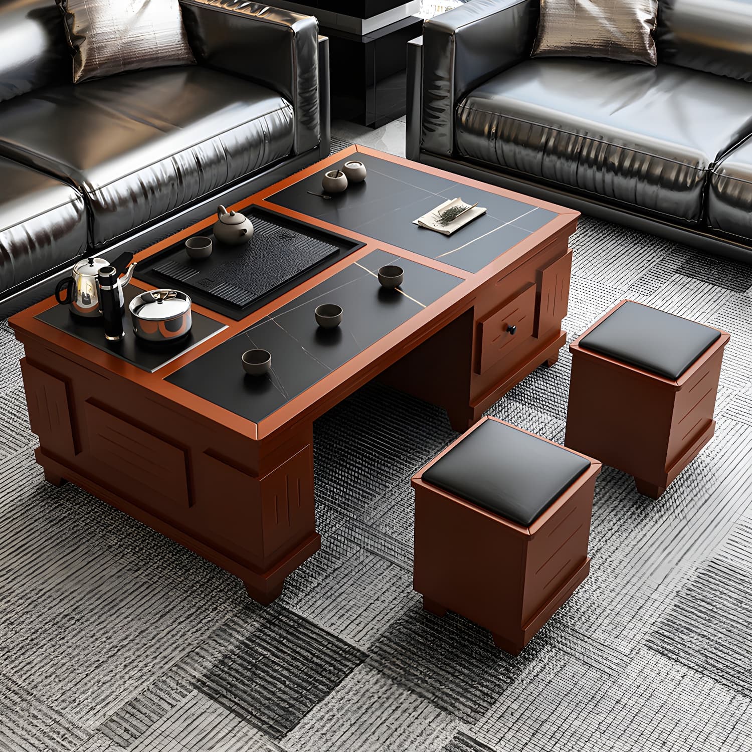 Abstract Slate Coffee Cocktail Table with Storage Drawers Rectangle