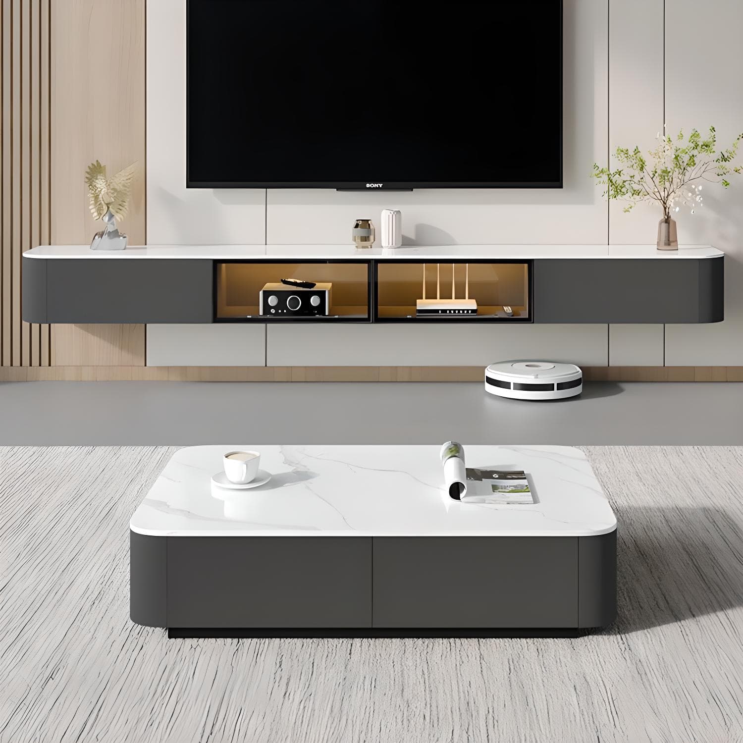 Rectangle TV Stand With Light In Living Room