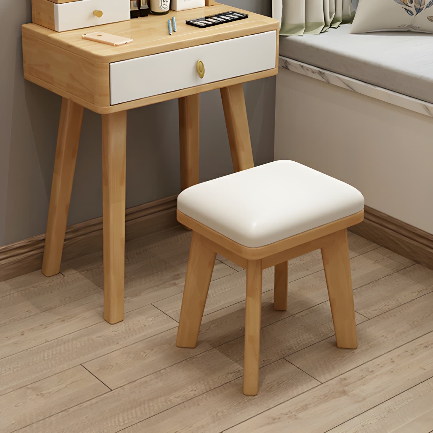Modern Wood Makeup Vanity with Drawers, Mirror & Upholstered Chair - image 15