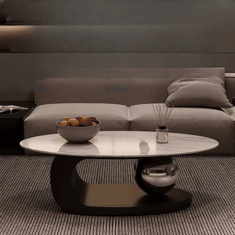 Luxurious 1 Tier Stone Top Elliptical Side Table with Abstract Base in Chalk for Home