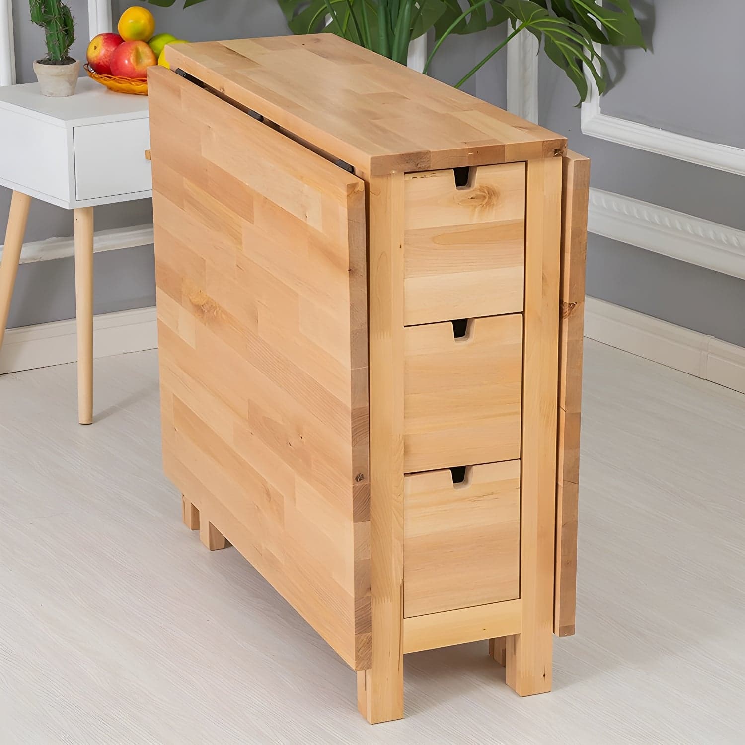 Modern Birch Wood Drop Leaf Rectangle Kitchen & Dining Table with Pedestal Base and Storage Included - image 7