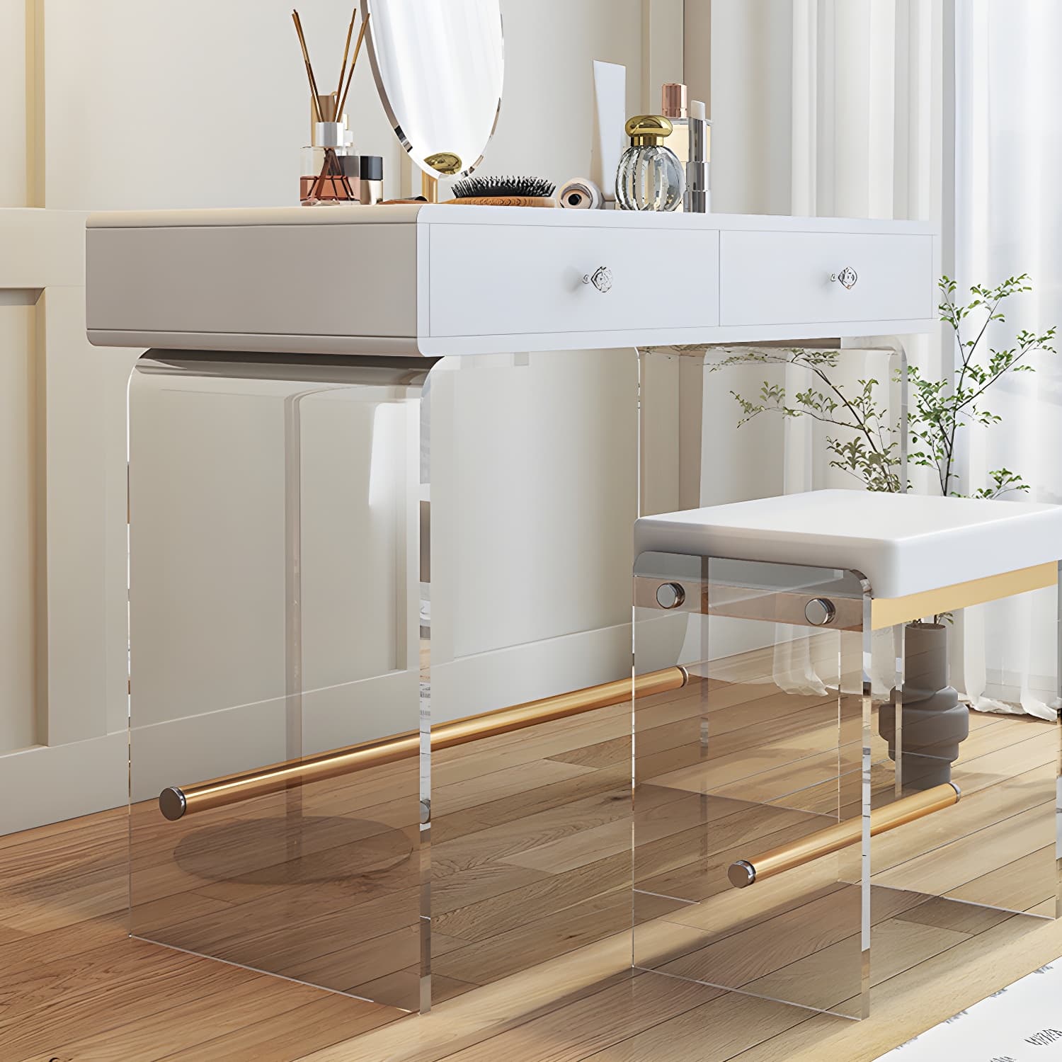 2 Drawers Clear Acrylic Makeup Table Contemporary 17.72" D Vanity Set with Stool & Mirror - image 7