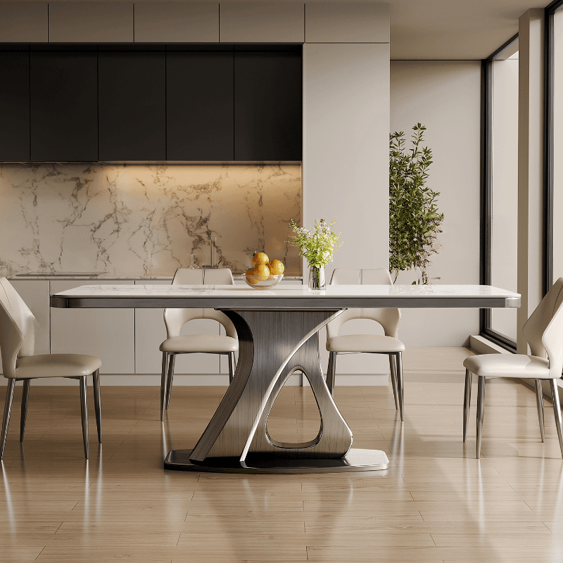 Dining Table Set with Slate Stone Top, Stump Base, Fixed Table, Padded Chair with Back in White - image 4