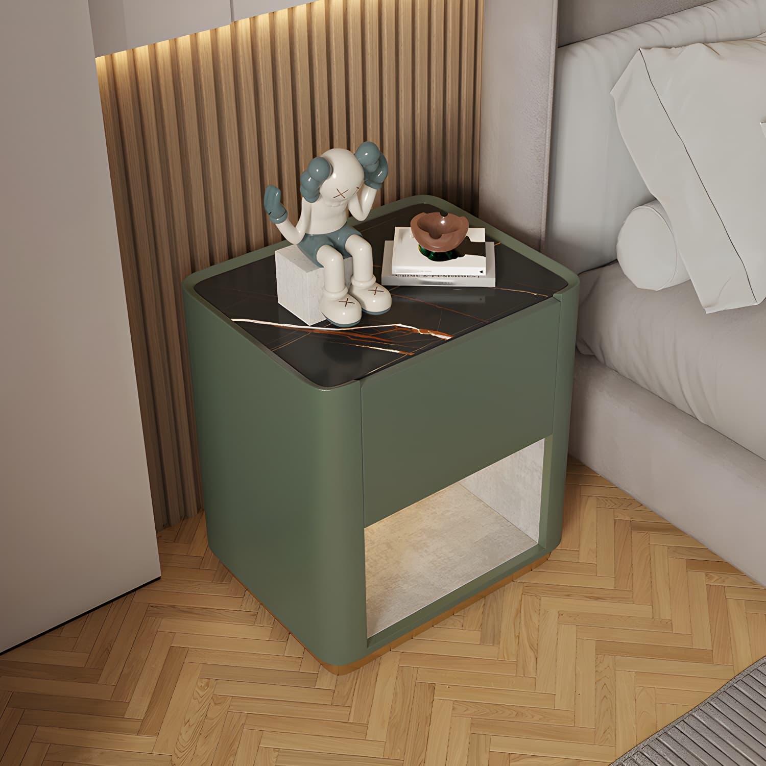 Modern Solid Wood and Slate Night Table Drawer Storage Bed Nightstand