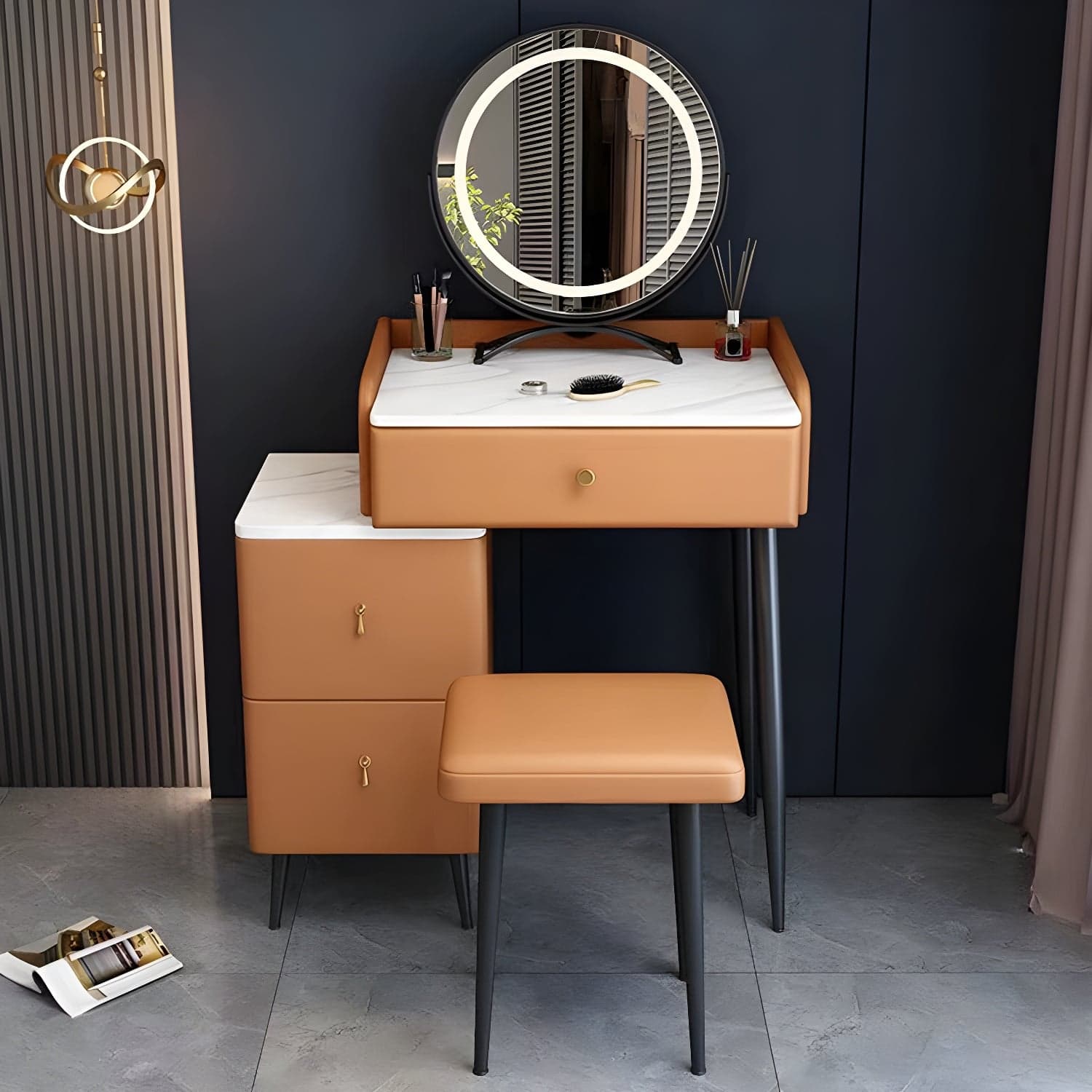 Contemporary Make-up Vanity with Stone Top and Metal Legs for Bedroom - image 3