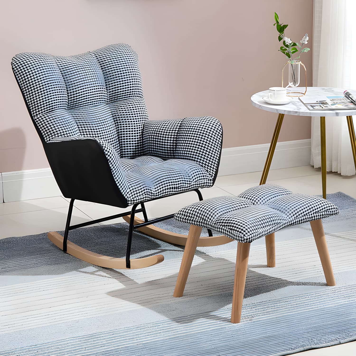 Fabric Rocking Chair Color Panel Contemporary Tufted Cushions Rocker Chair with Ottoman