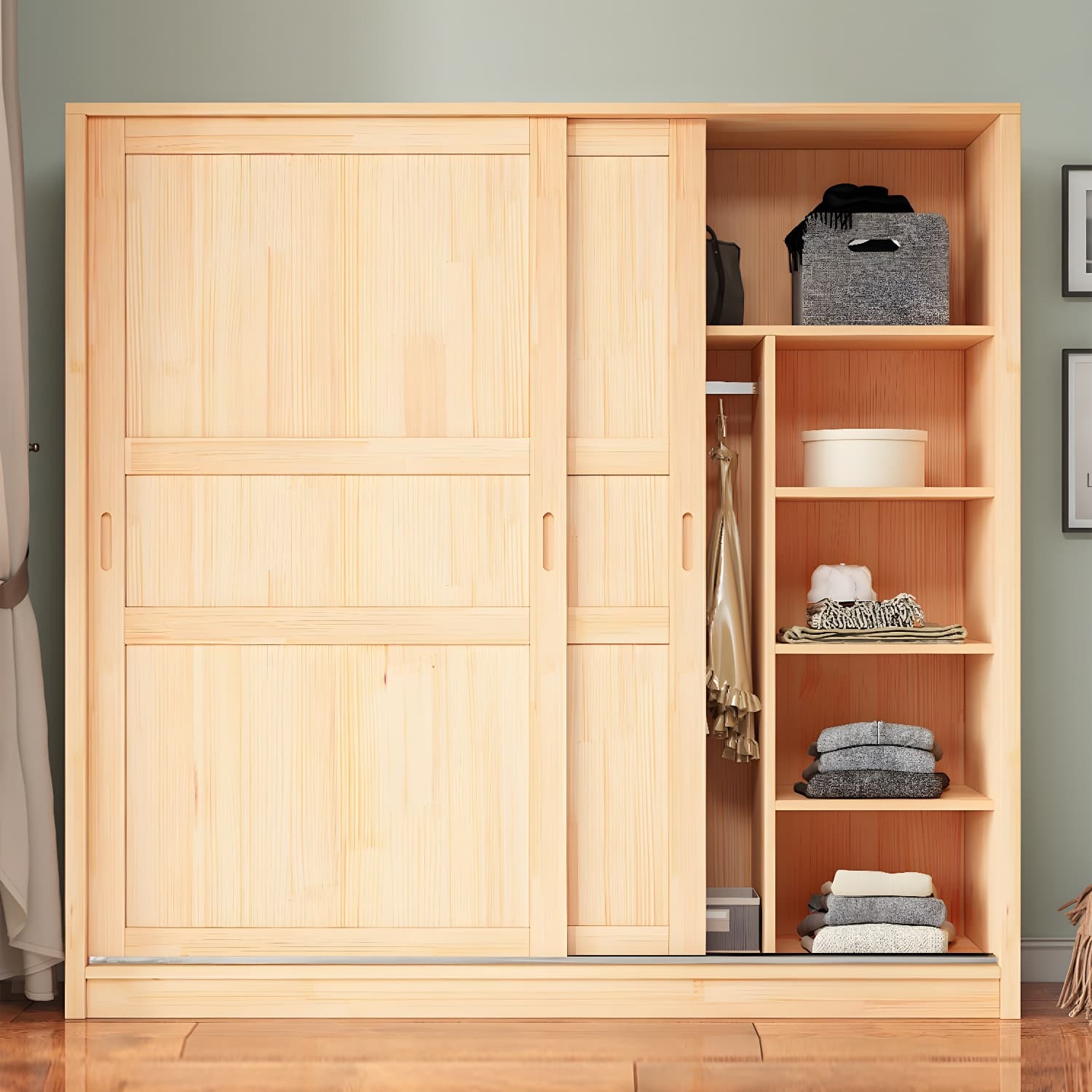 Natural Pine Solid Wood Wardrobe Freestanding Wardrobe with Sliding Doors