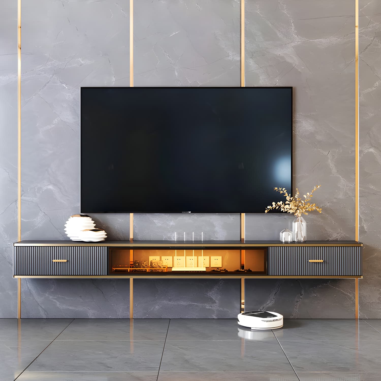 Glam Floating TV Media Stand with Drawers Stone and Wood TV Stand - image 4