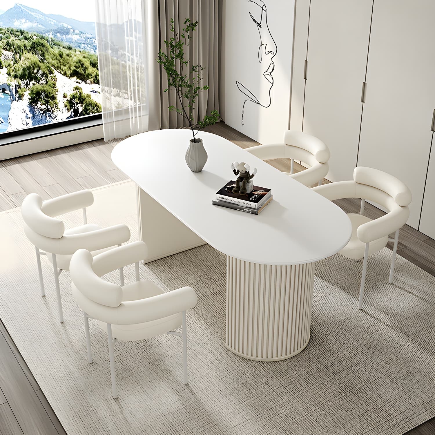 White Stone Top Oval Dining Table with Metal Legs for Dining Room