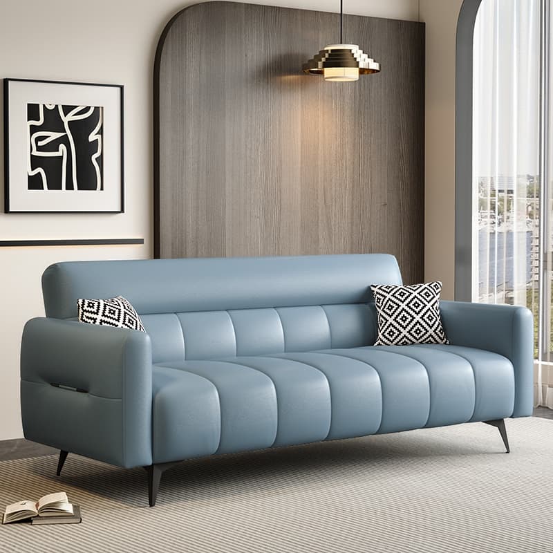 Trendy Solid Color Scratch-immune Convertible Sofa in Grey/Cerulean/Light Green with Arm, Seats 3/4-seater/2 People, and 2 Pillows