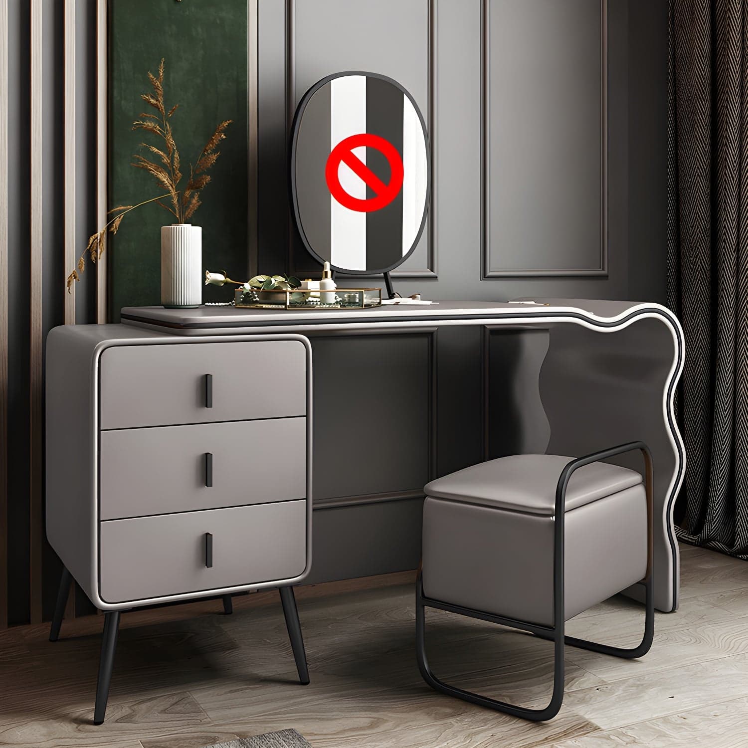 3 Drawers Make-up Vanity Set, 28.74" H Leather Vanity with Stool & Mirror - image 4