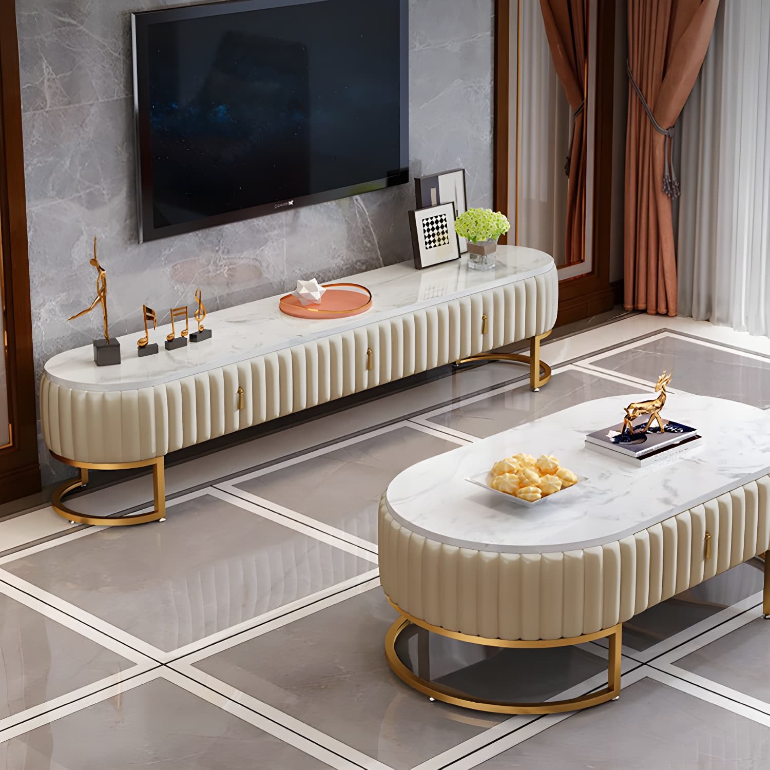 Scandinavian TV Stand Imitation Marble Enclosed Storage TV Console with Drawers - image 7