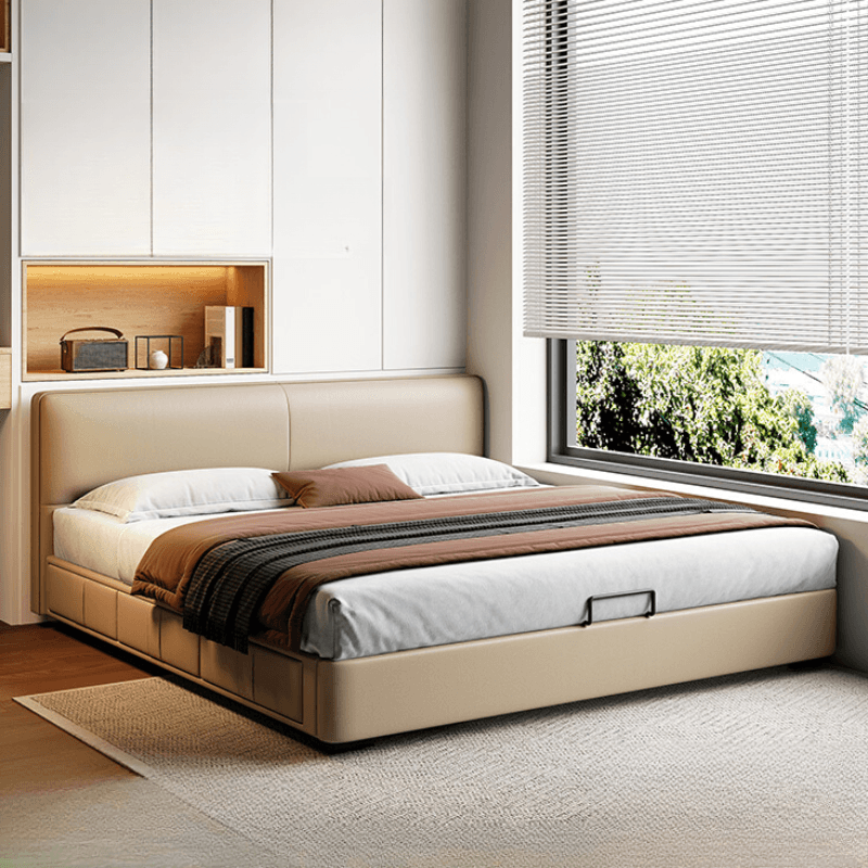 Cream Solid Color Storage Bed/Storage Panel Bed with 3 Storage Boxes, Genuine Leather Frame, Panel Headboard, and Sponge Upholstery for Living Room