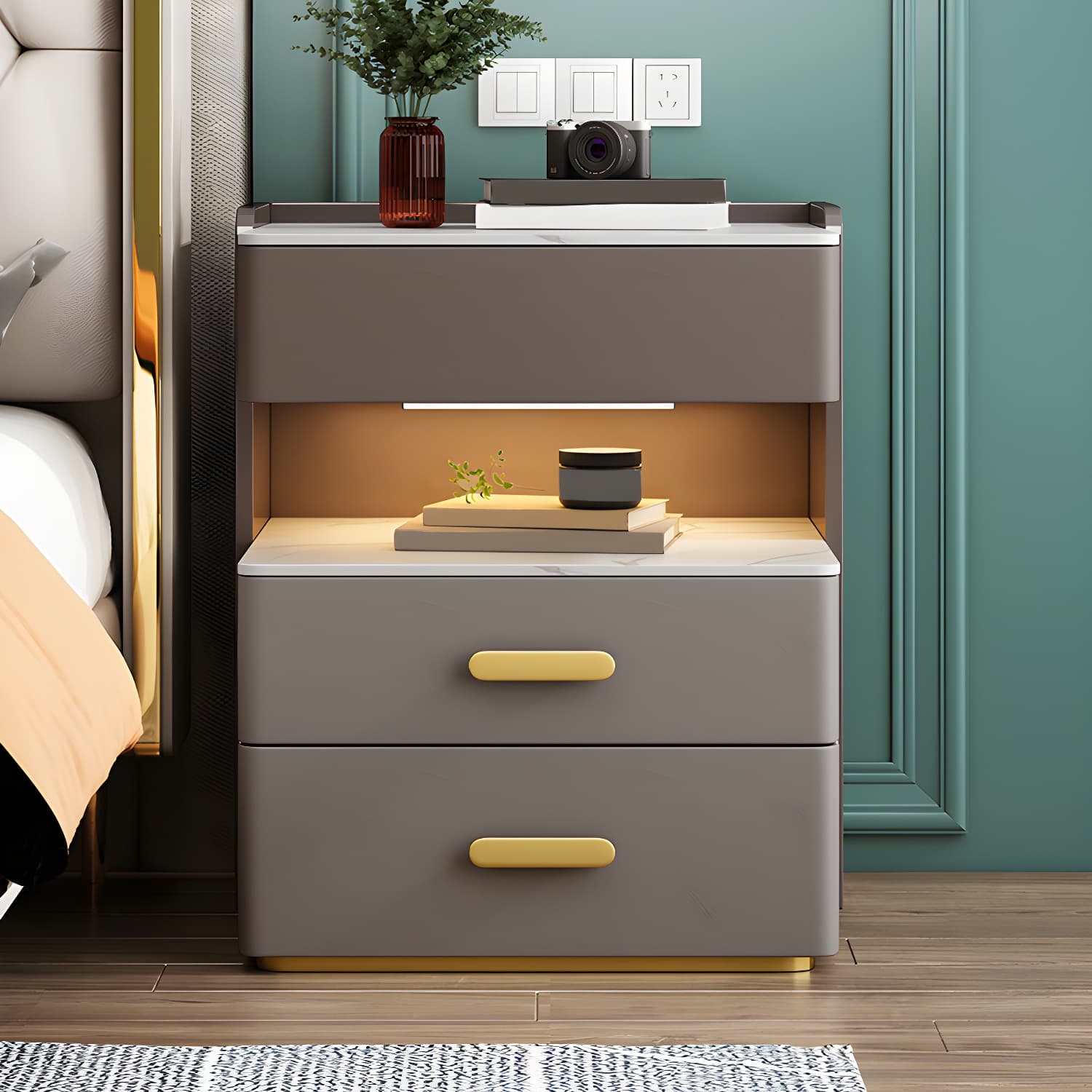 Open Storage Night Table Modern Bed Nightstand with 3 Drawers - image 4