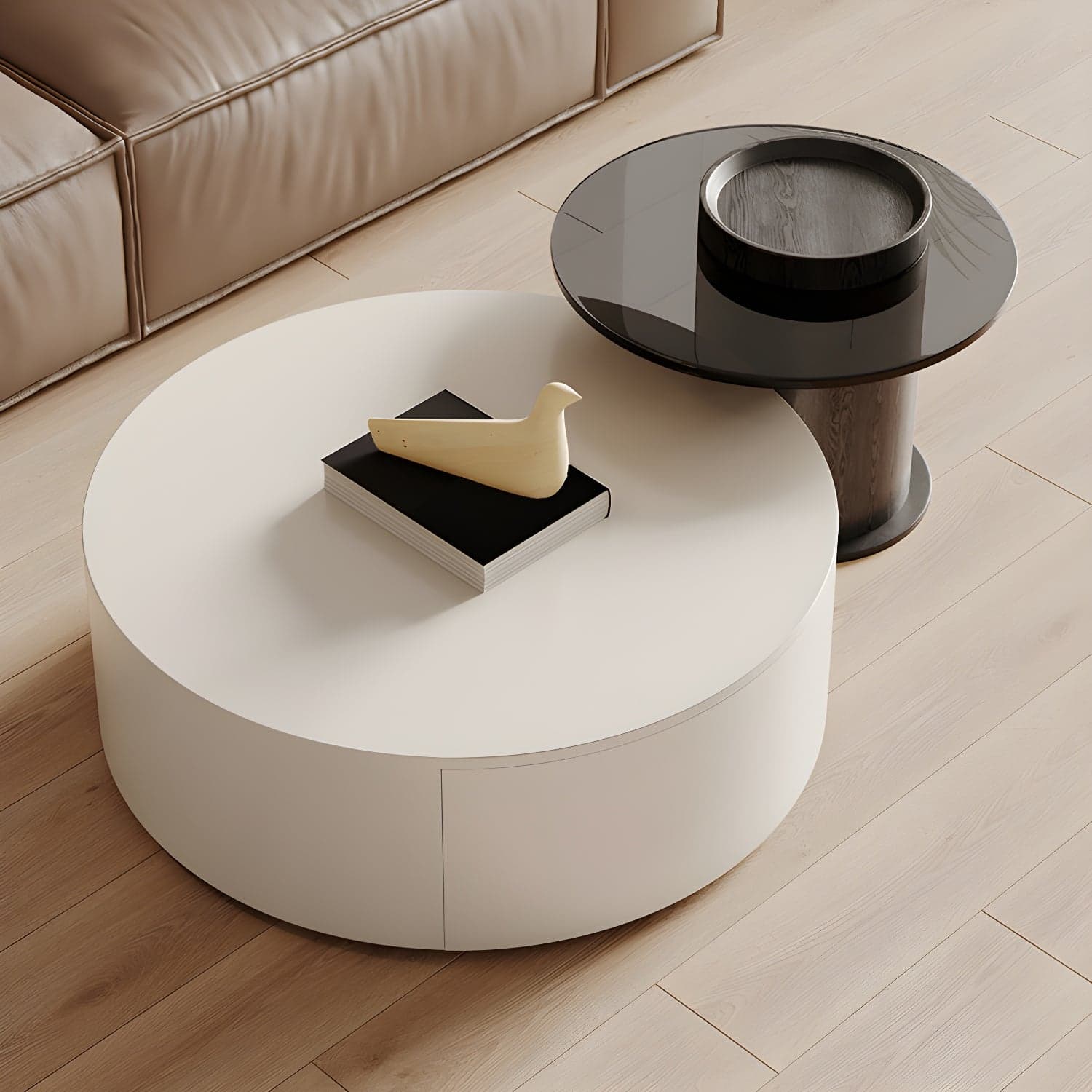 Modern Round Coffee Table with Metal Drum Base and 2 Drawers - image 4
