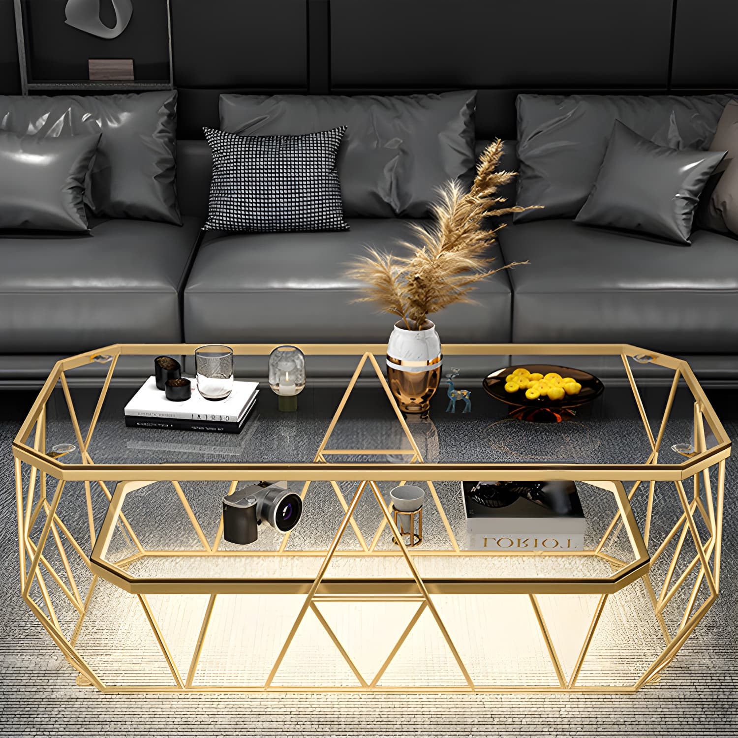 Octagon Glass Glam Coffee Table with Gold Iron Frame and Tempered Glass Top - image 9