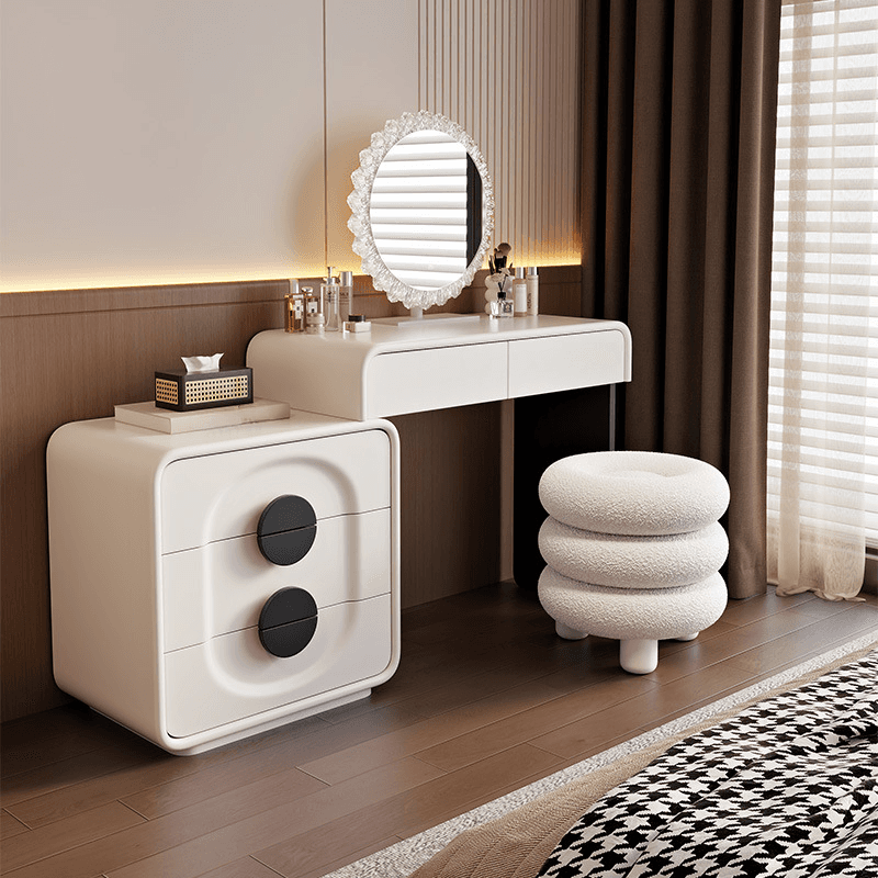 Modish Large/Standard Vanity Set with Lumber Table Top, White Seating, 5 Drawers, Light Up Mirror, and Chair