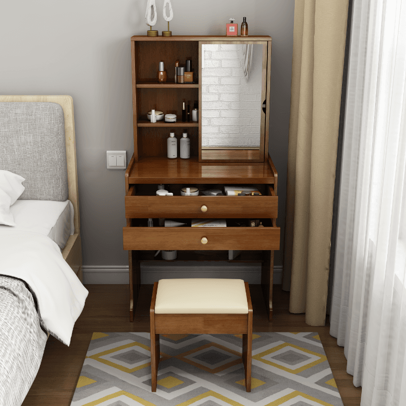 Modish Small/Standard Vanity Set with White/Auburn/Natural Color Chair, 1 Drawer/2 Drawers, Rubberwood Frame, and Standing Mirror