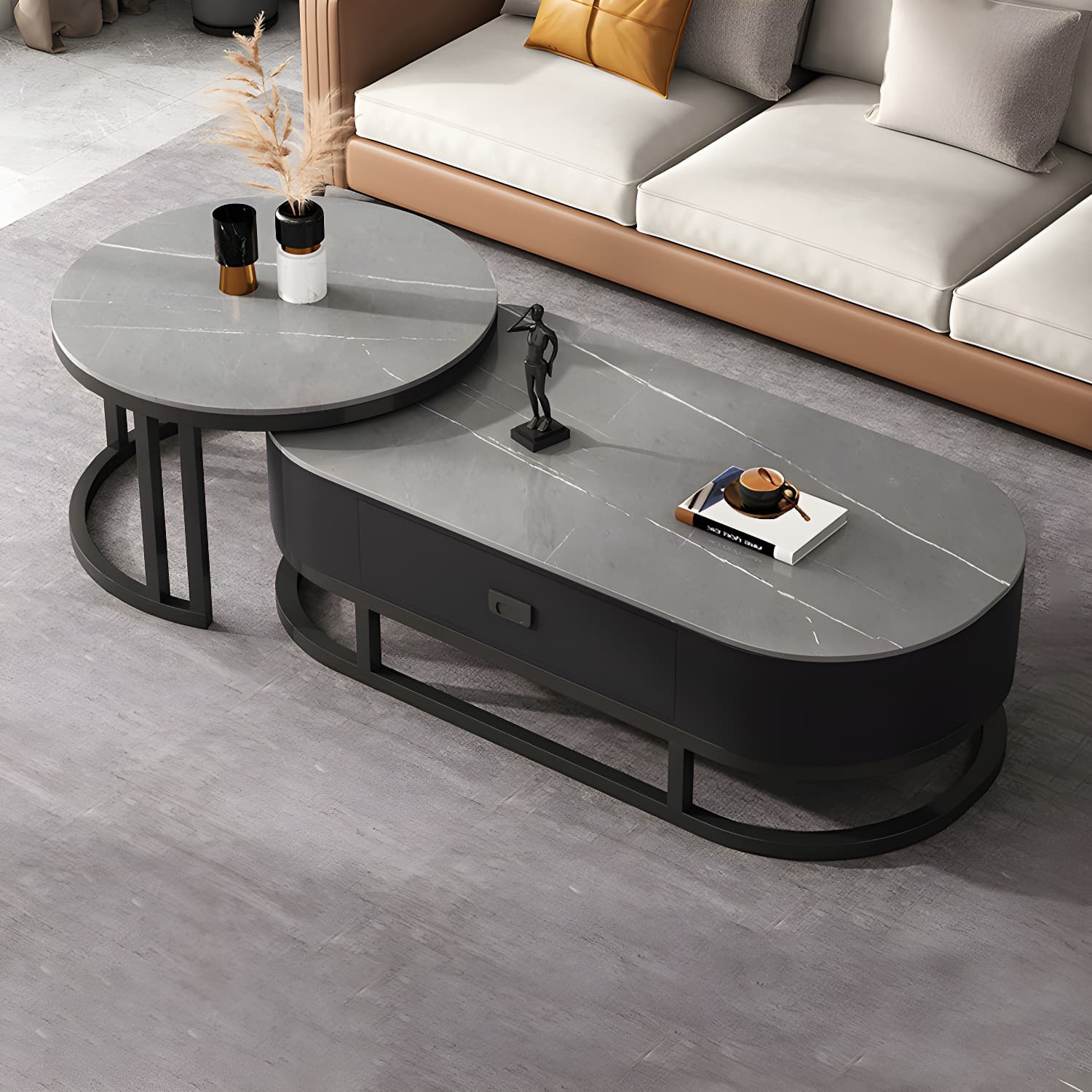 Slate Coffee Table Oval Nesting Coffee Table Set with Metal Legs