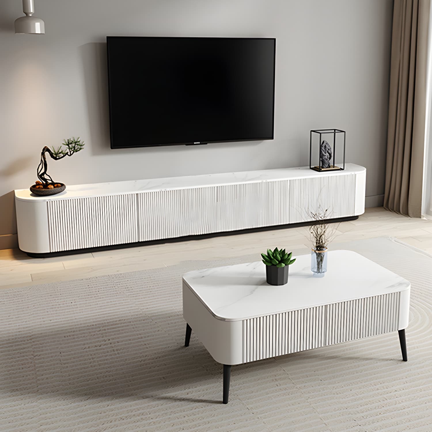 Modern White TV Media Stand 16" W Enclosed Storage Stone TV Stand with Drawers - image 10