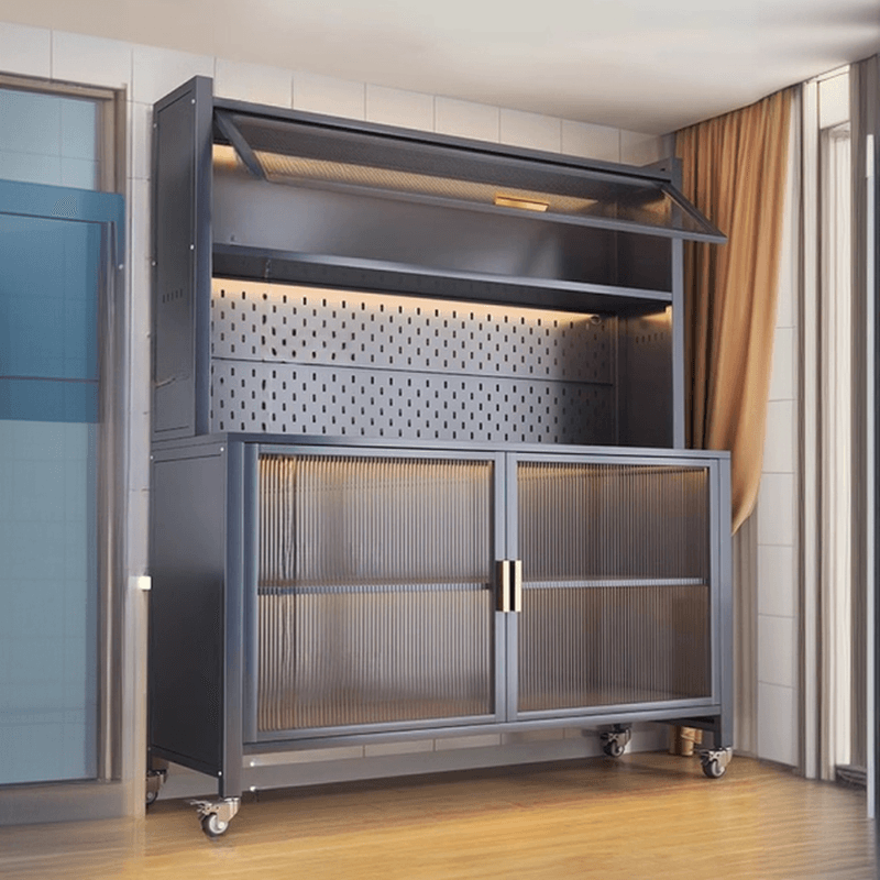 Narrow Steel Countertop Sideboard with Wheels, Cupboard, Changeable Shelf, and 3/4 Doors