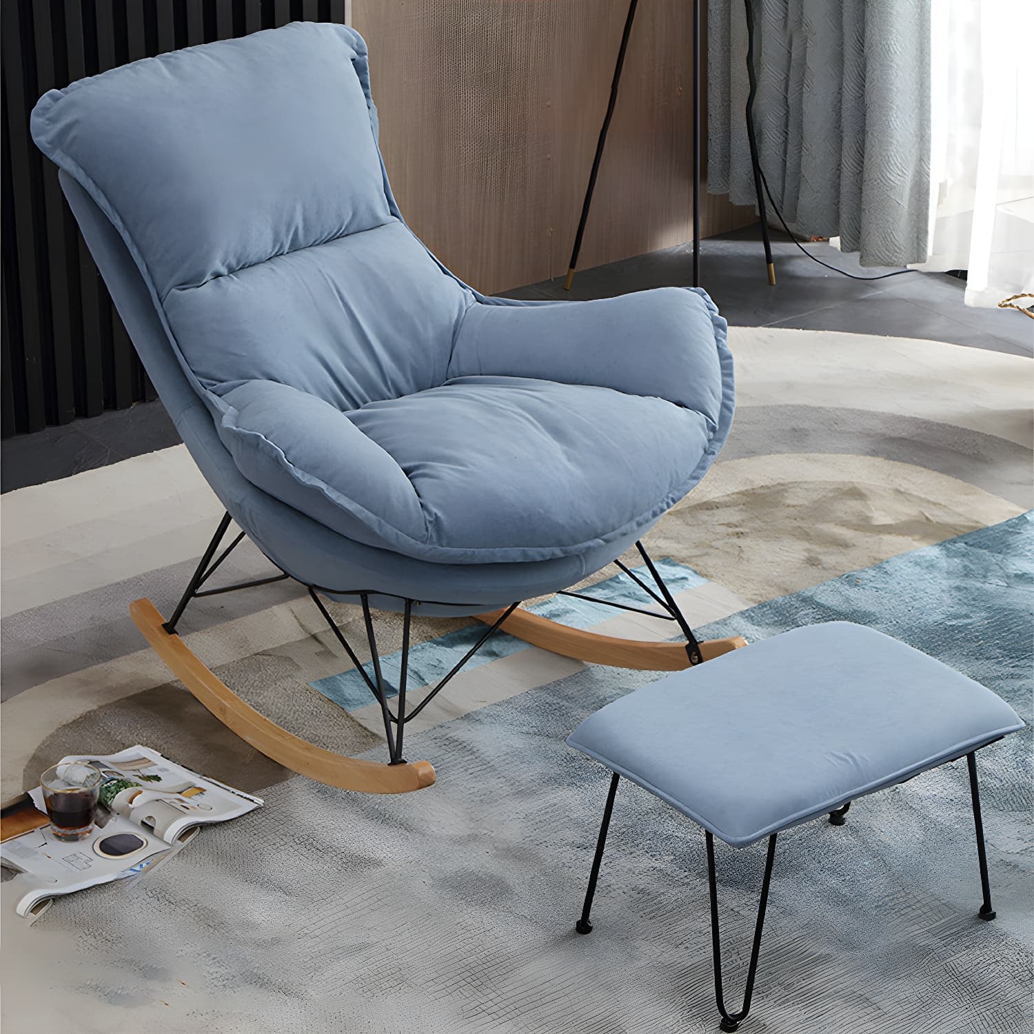 Modern Upholstered Rocking Chair and Ottoman Set - Natural Wood Legs, Stylish Design for Home Decor - image 12