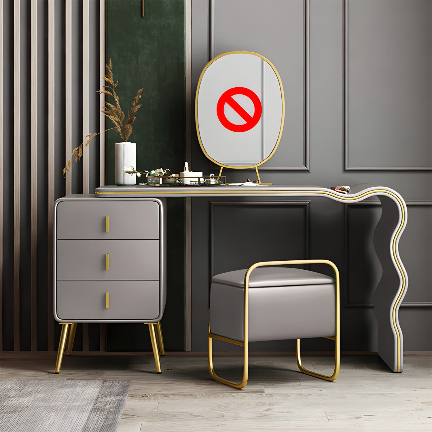 3 Drawers Make-up Vanity Set, 28.74" H Leather Vanity with Stool & Mirror - image 6