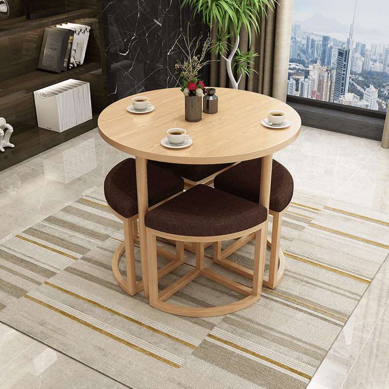 Reclaimed Wood Round Dining Table Set with Metal Toboggan Base and Upholstered Backless Chairs for 4 People - image 5