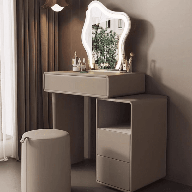 Multi-Purpose Tan Vanity Set with Lighting, Push-Pull, Adjustable Touch, and Adjustable Brightness