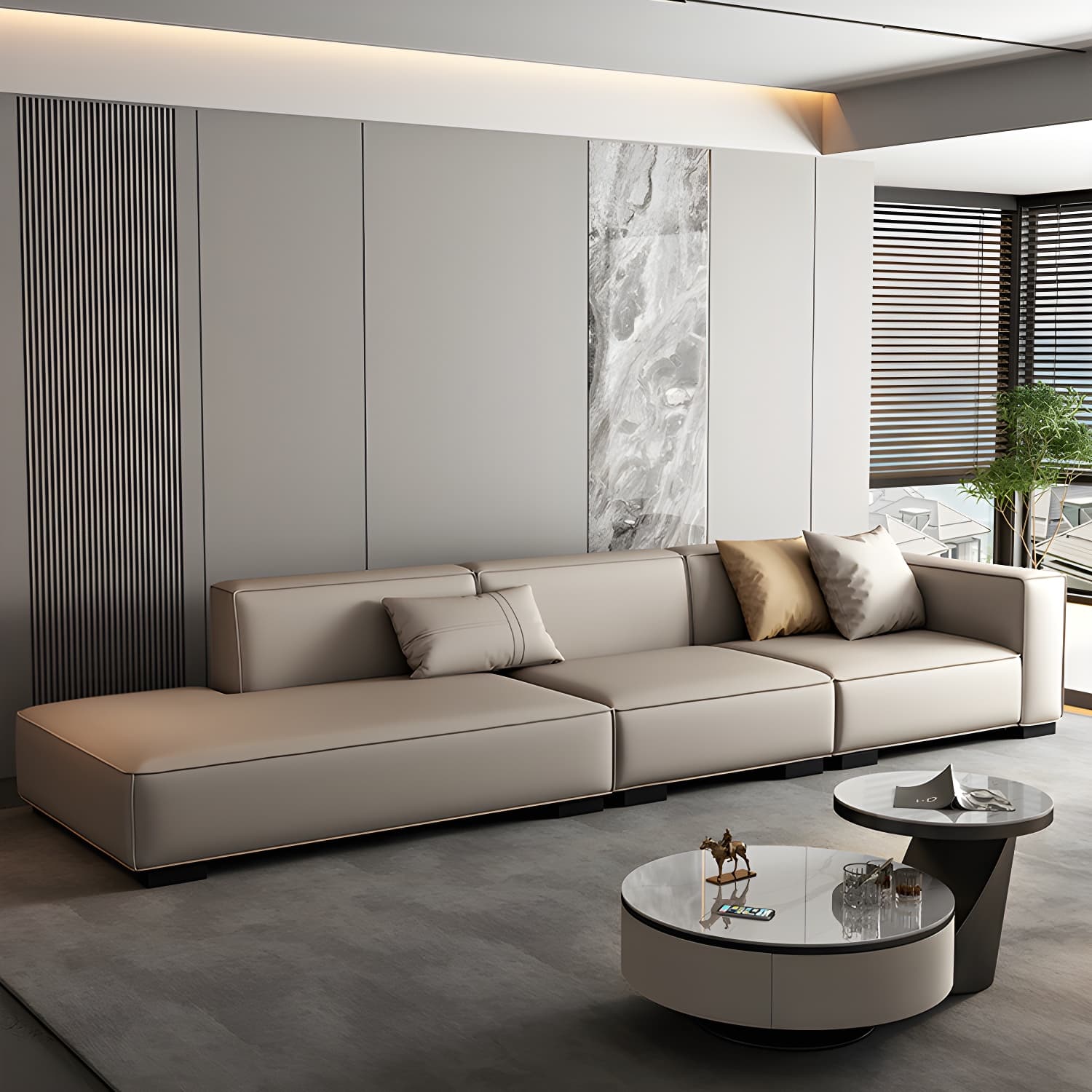 Modern Gray Faux Leather Sofa Chaise with Square Arms and Pine Wood Legs