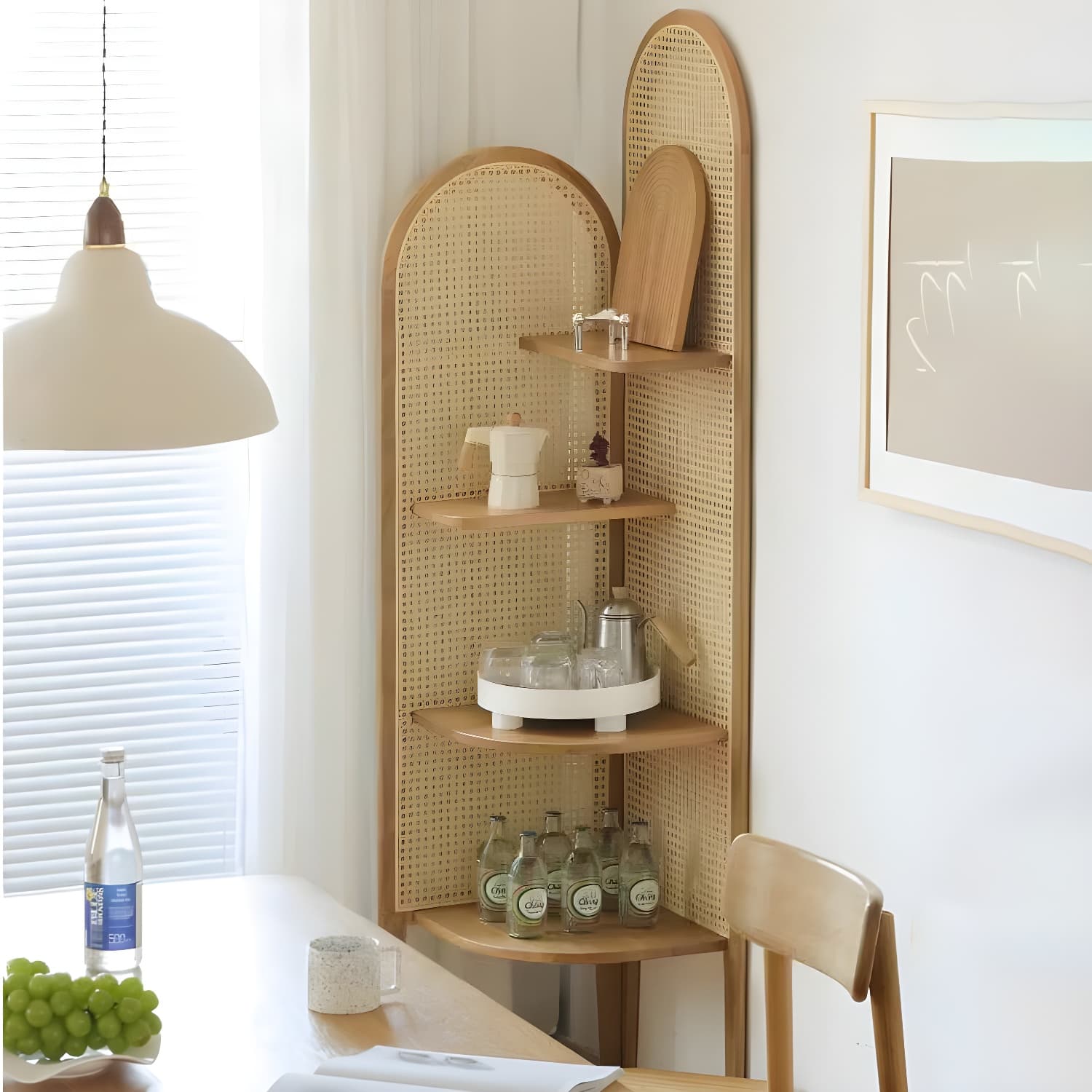 Scandinavian Corner Accent Chest with Natural Wood Counter Top and 4 Open Shelves - image 11