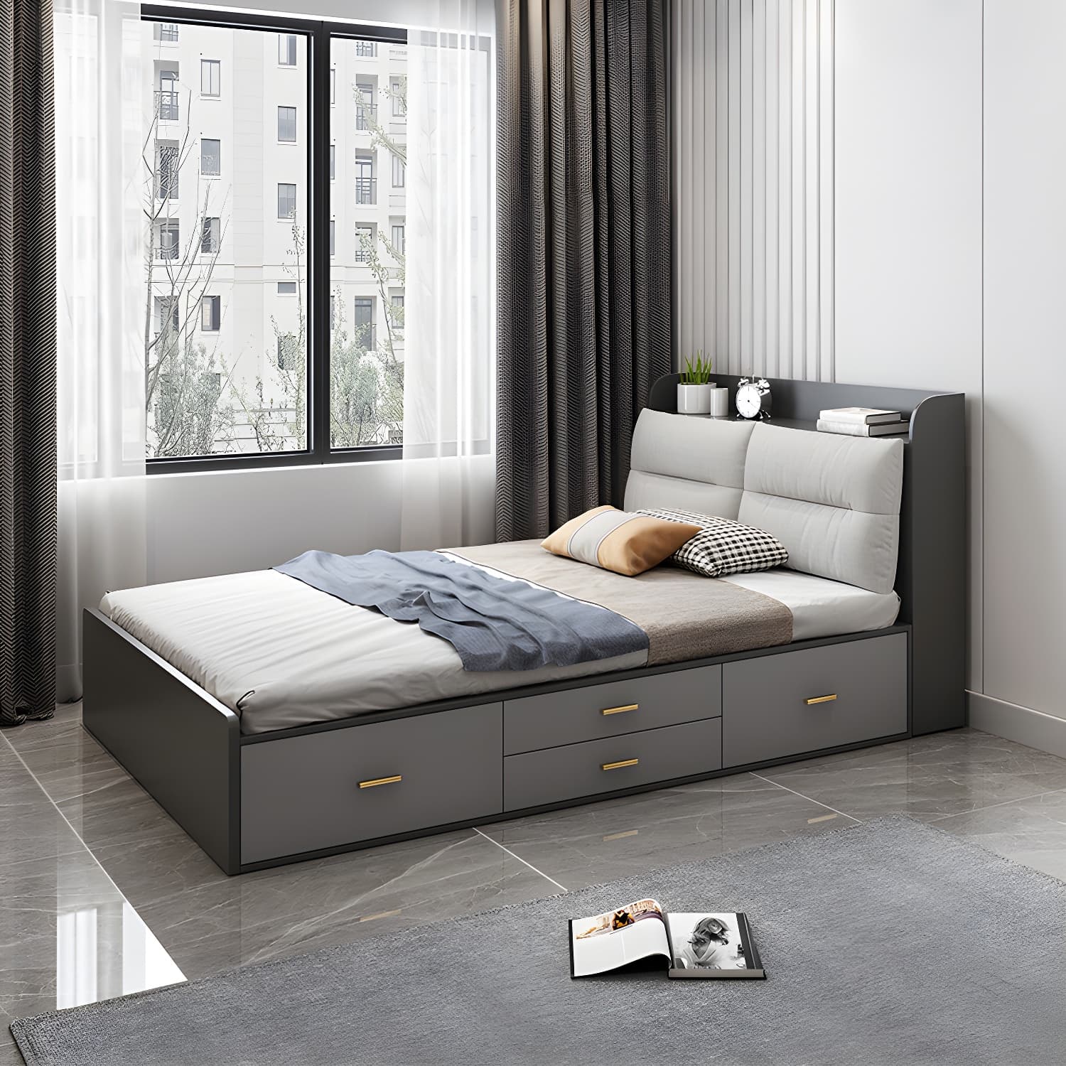 Scandinavian Low Profile Bed with Headboard Upholstered Bed with Drawers - image 17