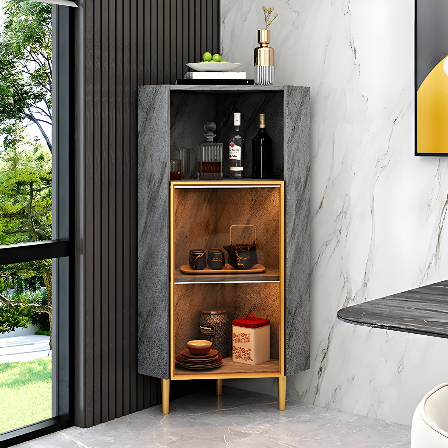 Glam Golden Corner Cabinet with Glass Doors and Exterior Shelving - image 7