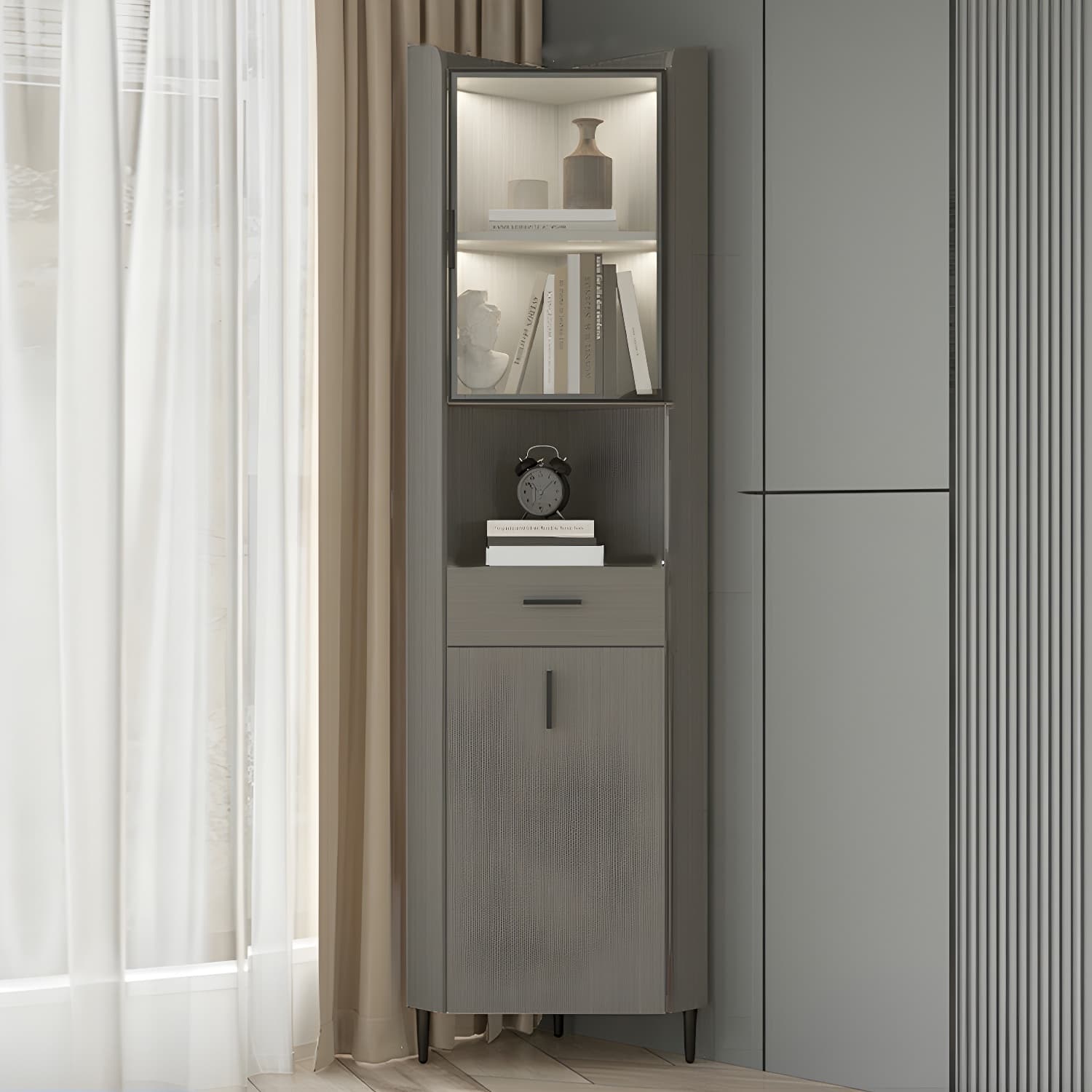 Small Modern Corner Accent Cabinet with Wood Counter Top, Drawers Included, and Metal Legs - image 4