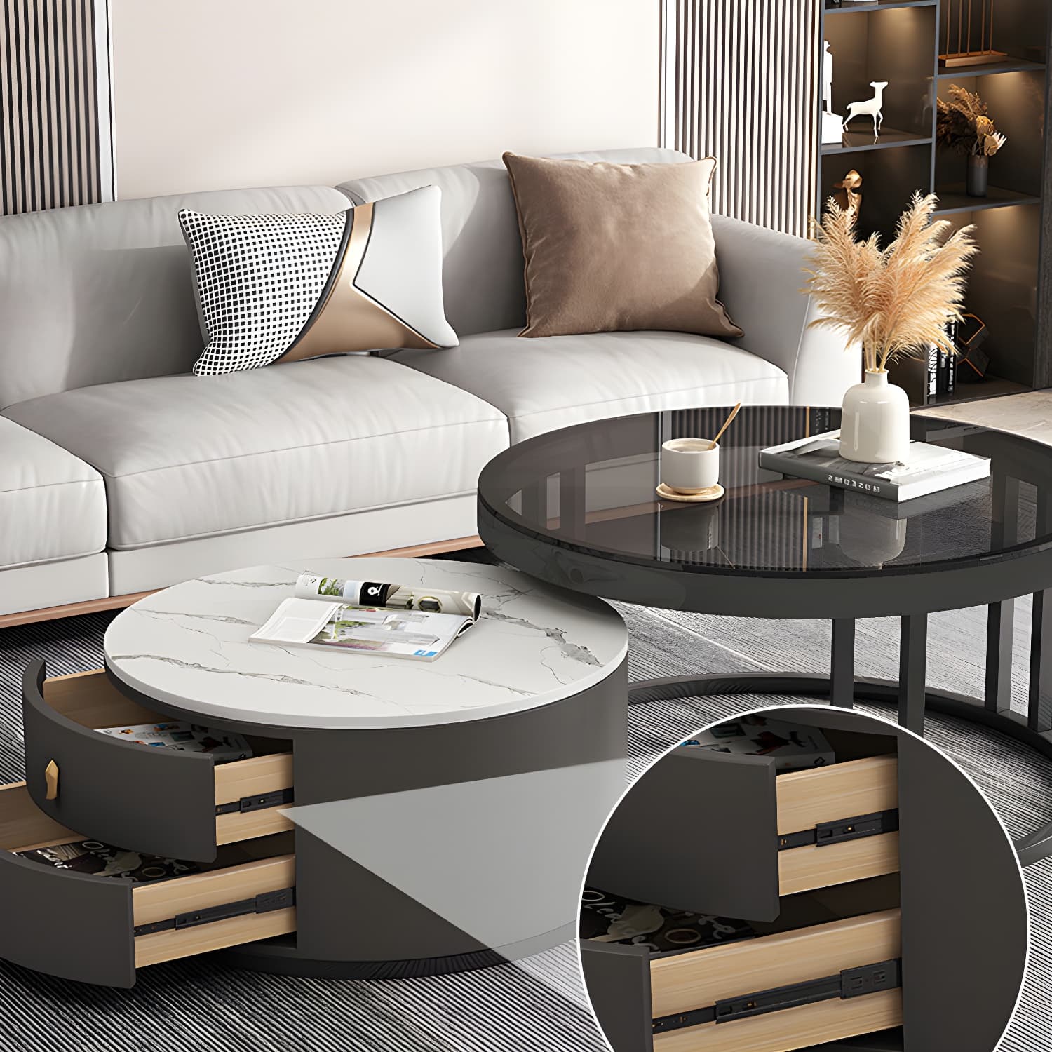 Round Nesting Coffee Table Set Frame Modern Storage Coffee Table - image 21