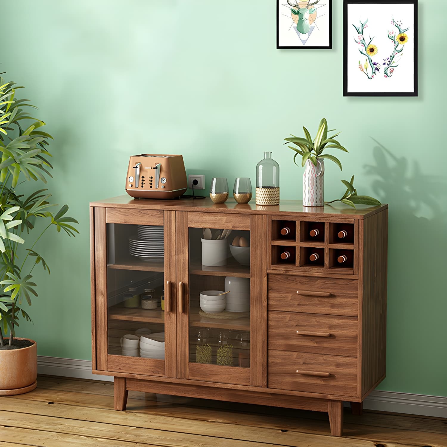 Modern Brown Wood Buffet Sideboard with Glass Doors and Drawers - image 13