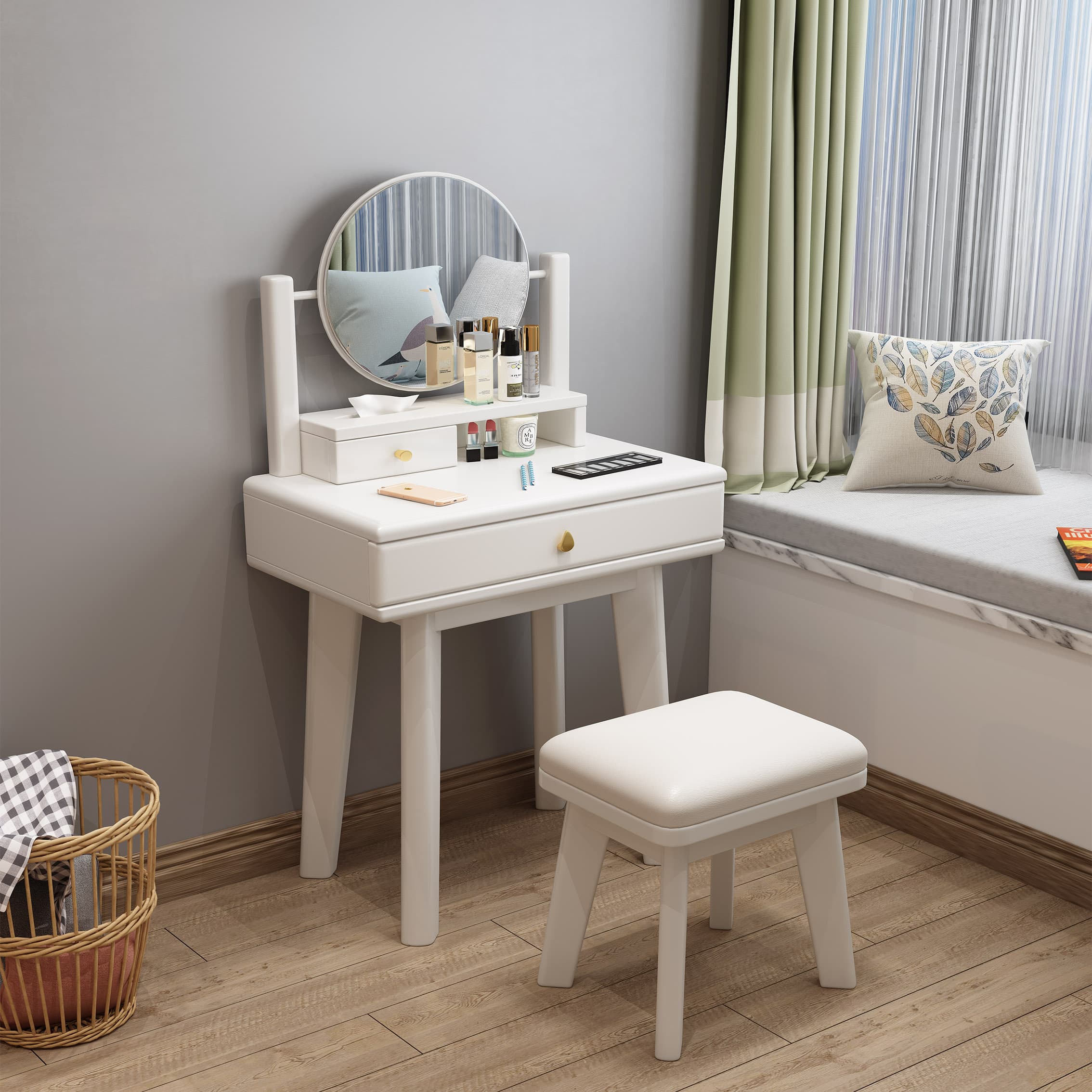 Scandinavian Solid Wood Table Makeup Vanity with Mirror and Drawers - image 4