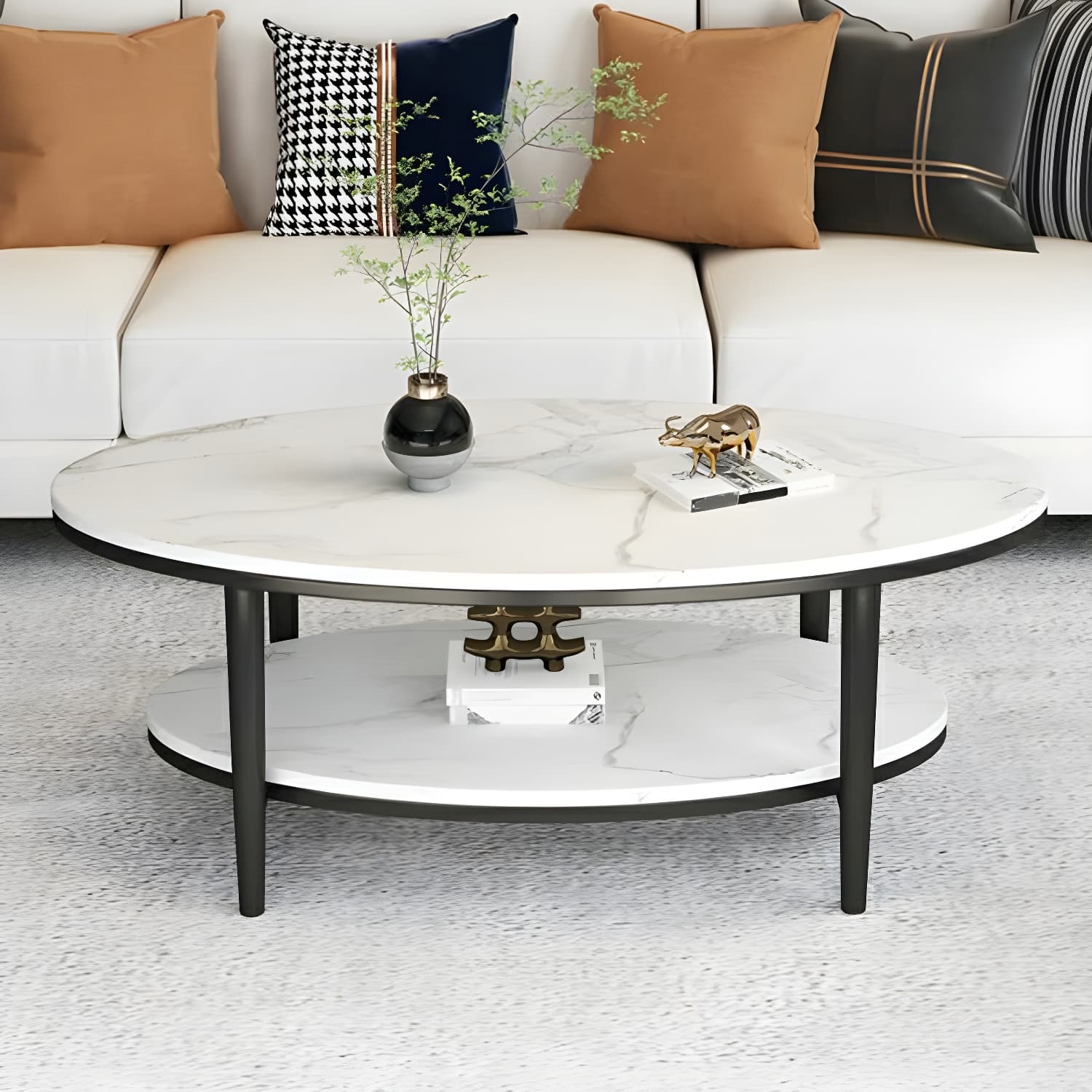 Glam Style Stone Top Oval Coffee Table with Both Shelf and Storage, Durable Iron Four Leg Base