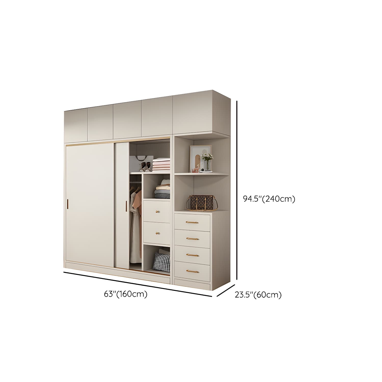 Modern White Wood Wardrobe Armoire with Sliding Doors and Soft Close Drawers - image 25