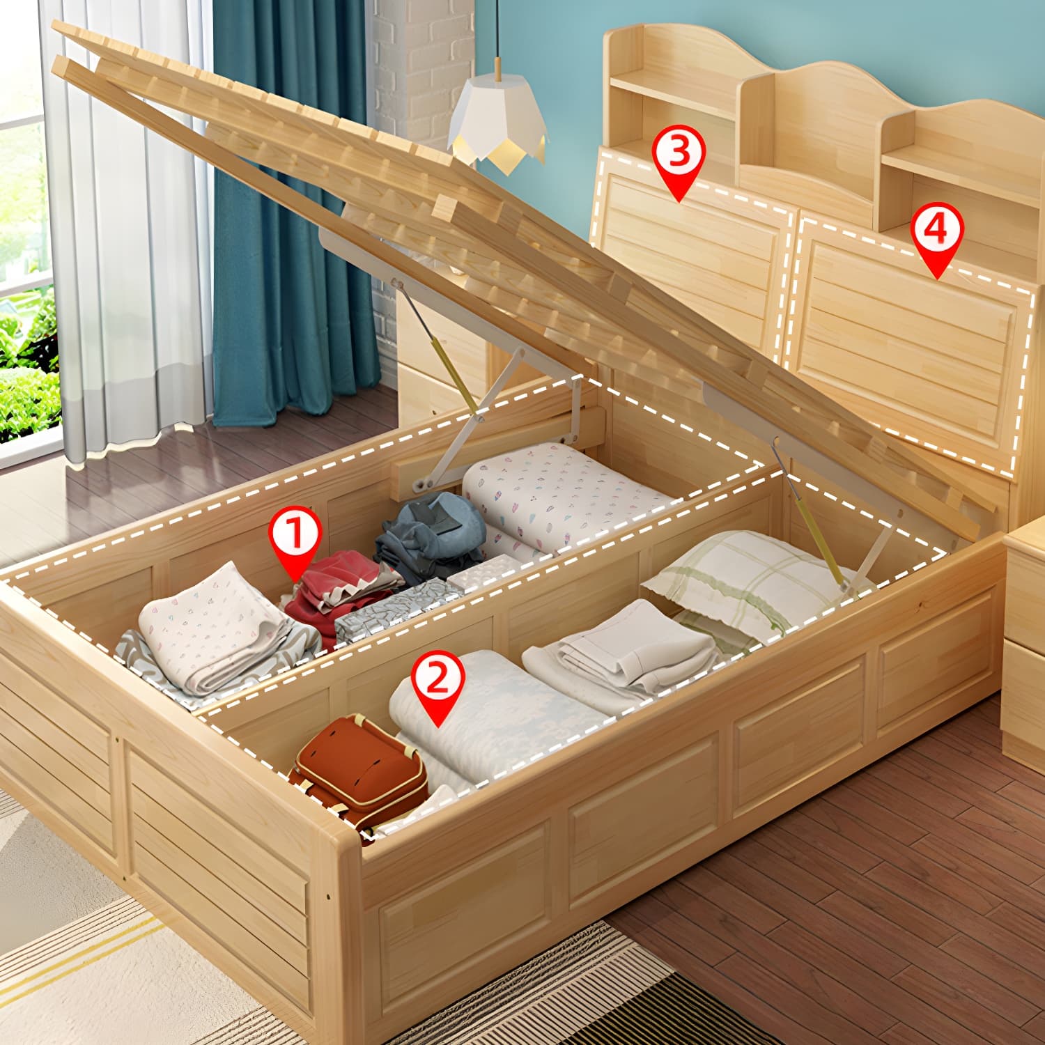 Solid Wood Bed Frame Headboard Standard Bed with Storage in Light Brone - image 8