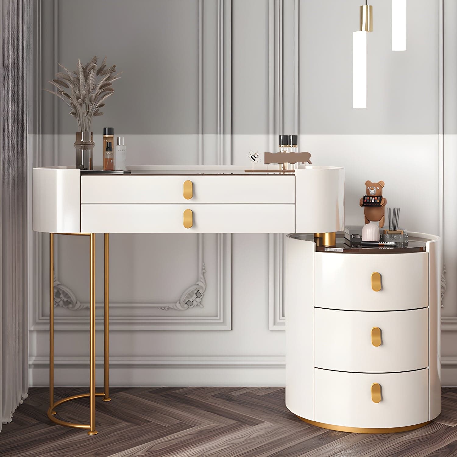 Storage Drawers Dresser Glass/Stone Top Dressing Table with Mirror & Stool - image 3