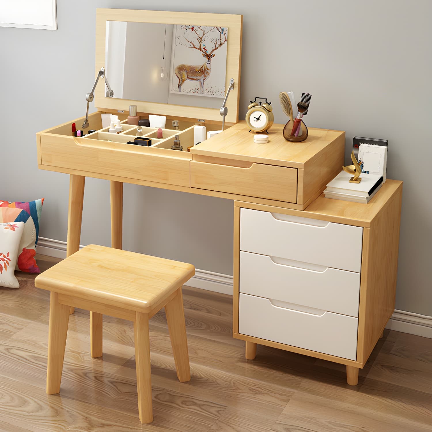 Solid Wood 1/4-Drawer Vanity Makeup Table with Mirror and Stool - 17.72" D - image 8