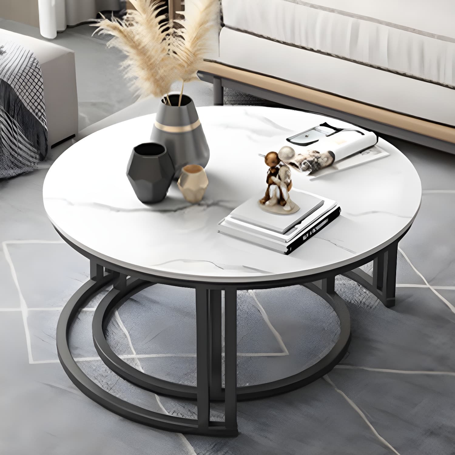 Contemporary Nesting Coffee Table Set Stone Frame Coffee Table Set - image 9