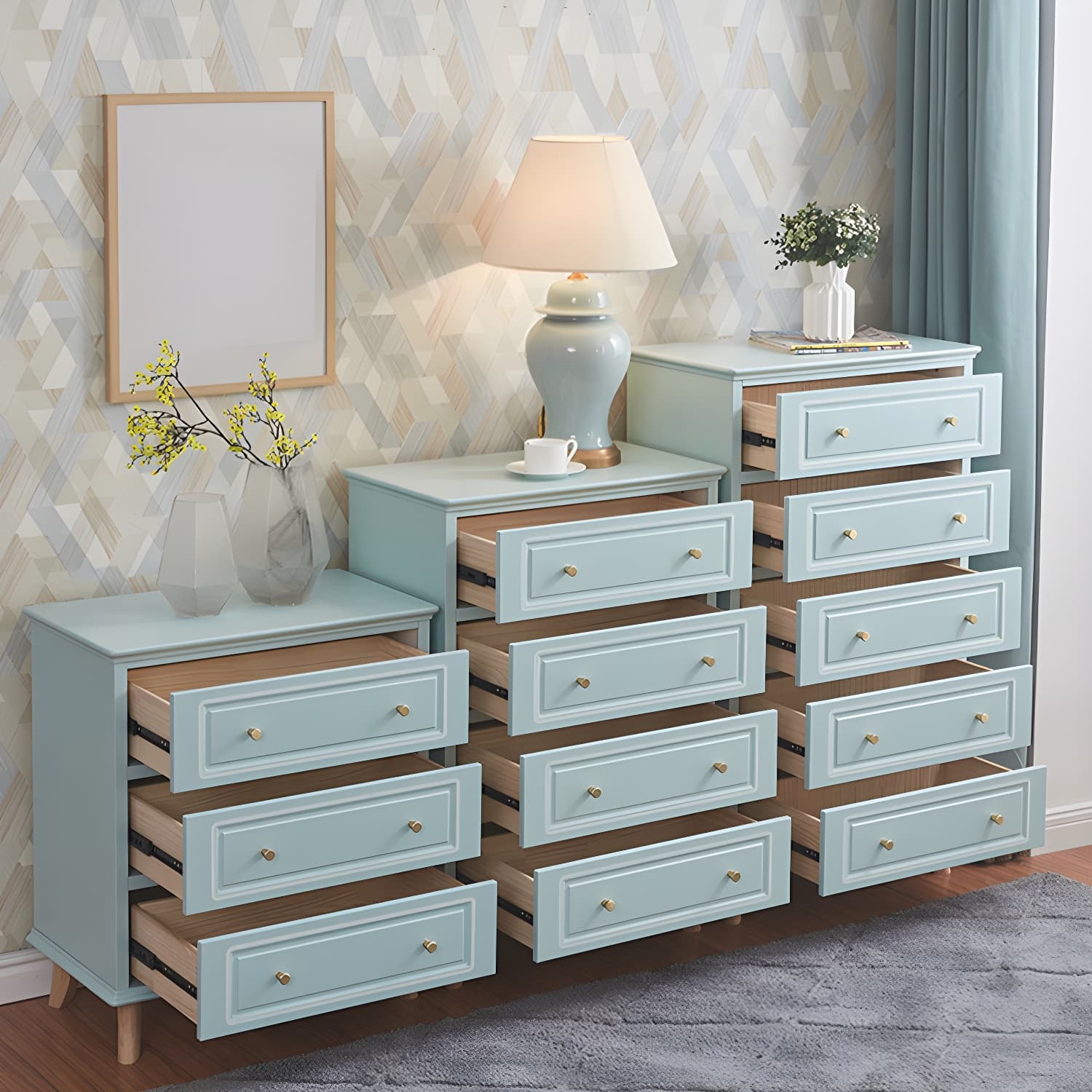 Contemporary Blue/ White Wooden Rectangle Accent Chest with Drawers