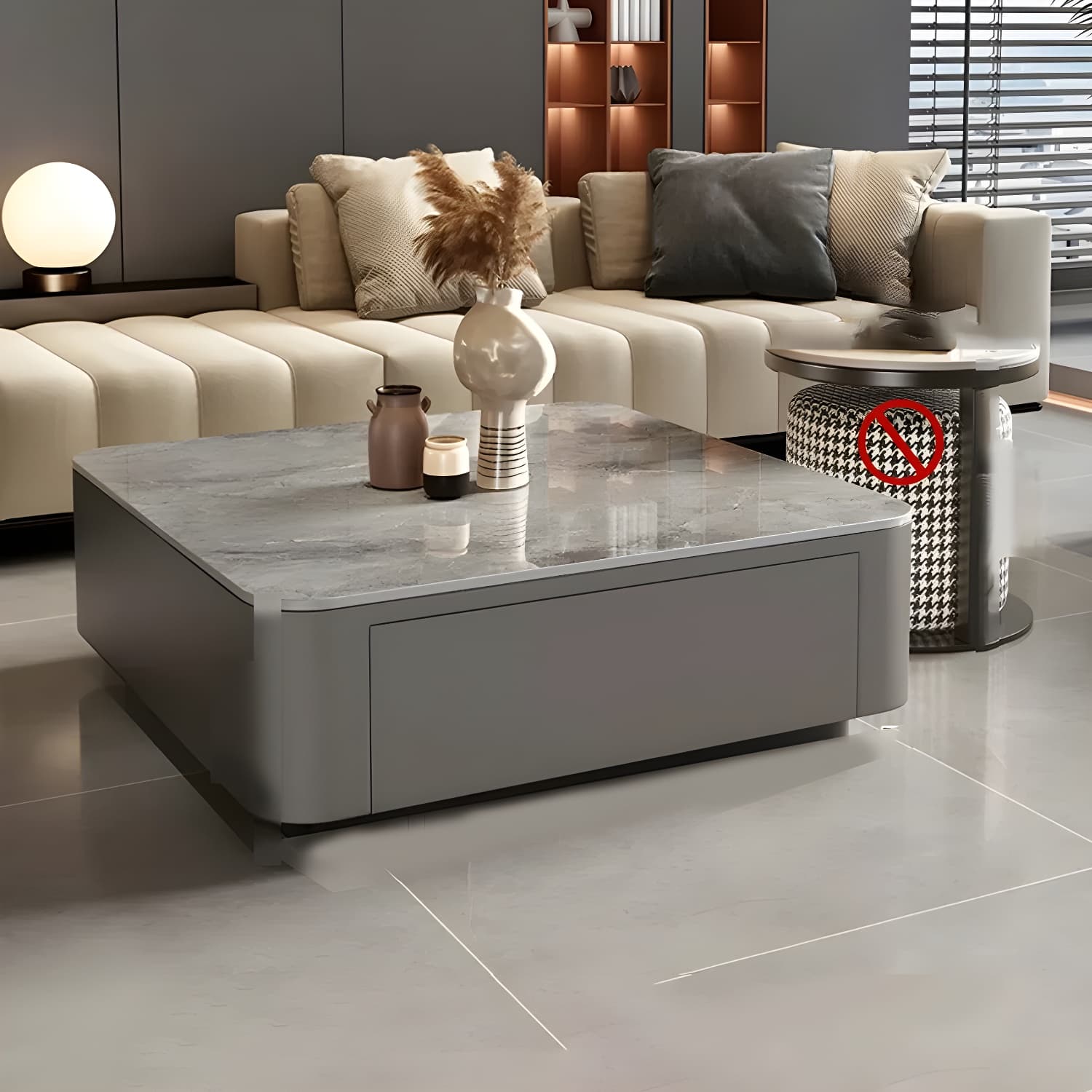 Modern Square Stone Coffee Table Set with Black Metal Block Base and Storage Drawers