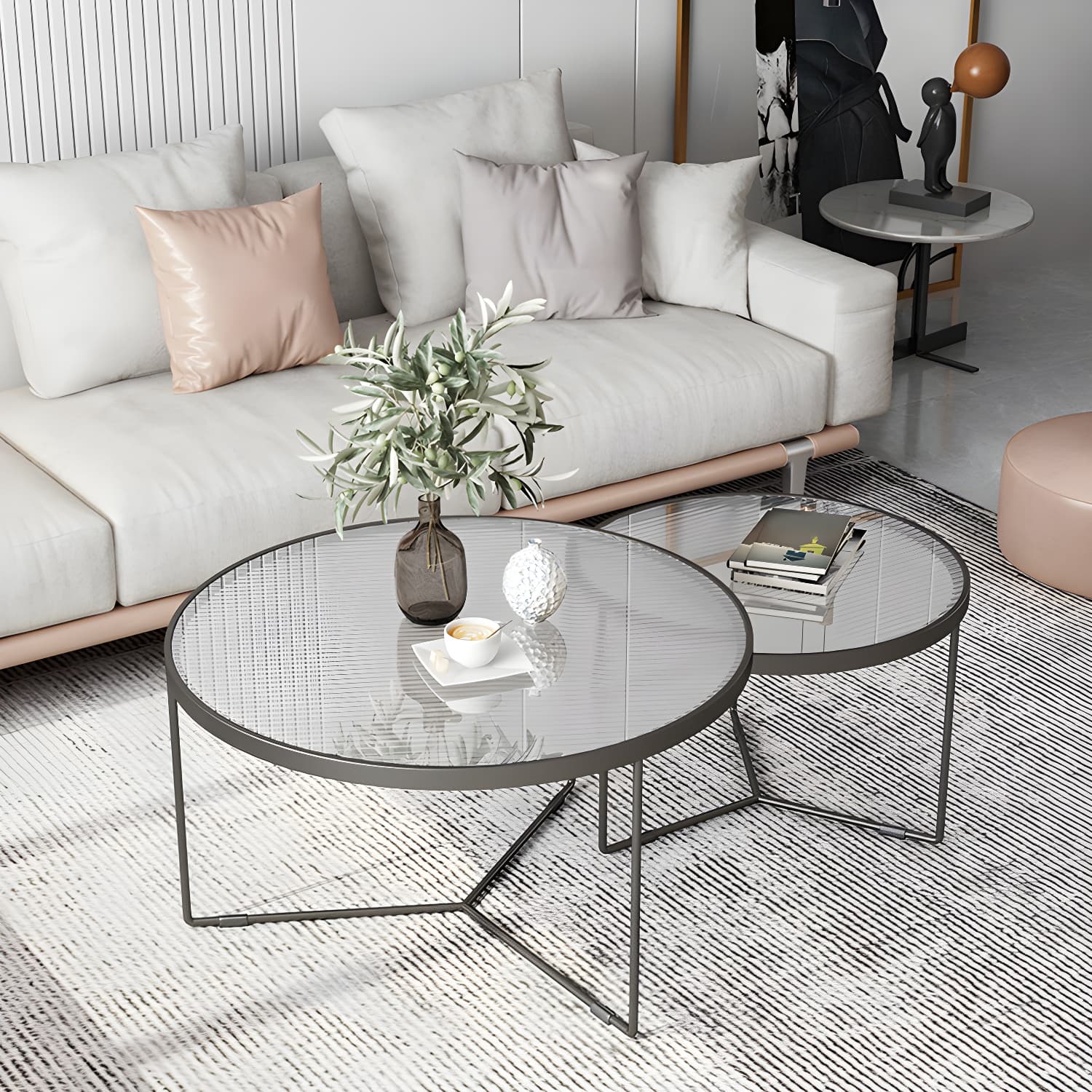 Set of Two - Glam Style Glass Top Coffee Nesting Tables With Metal Base