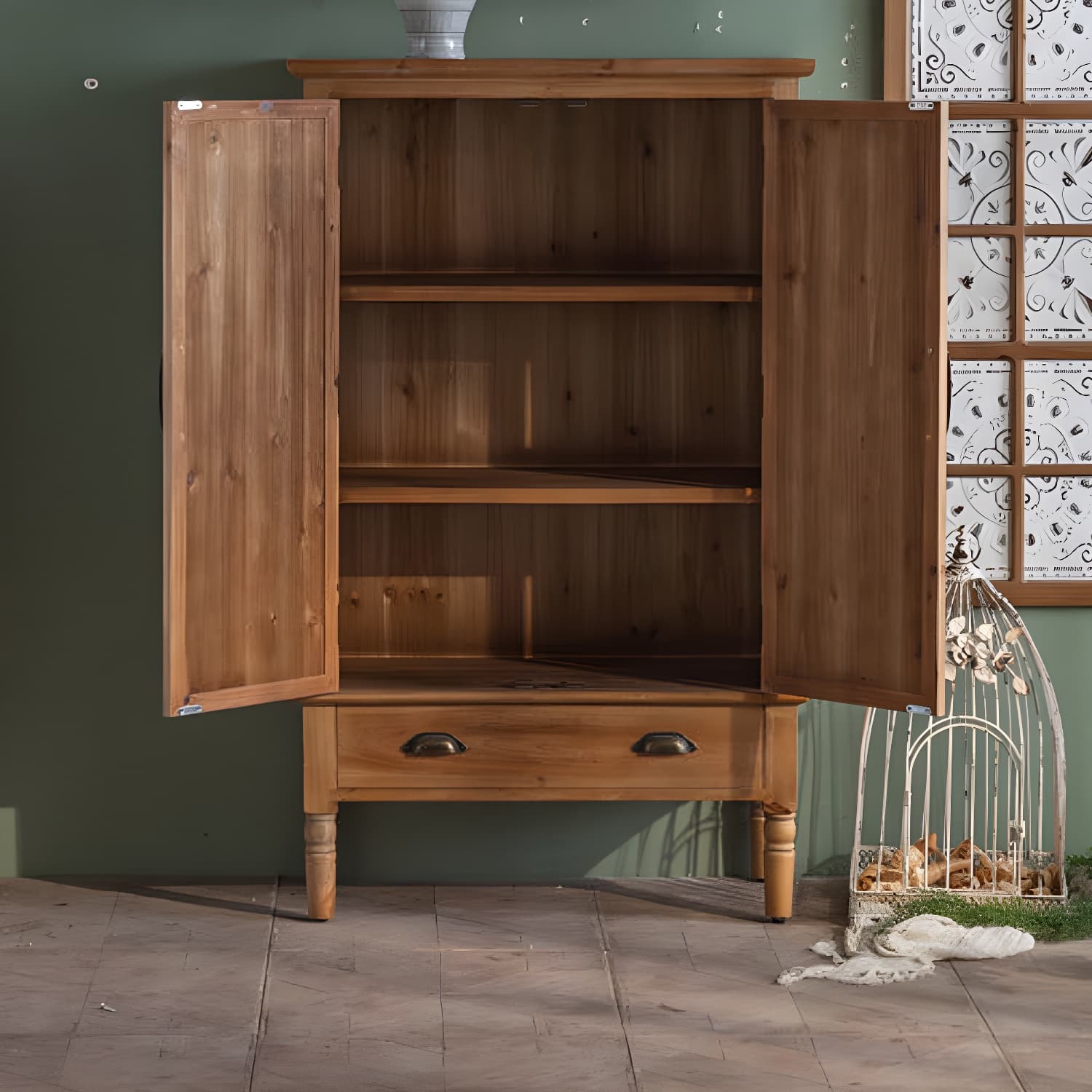 Industrial Accent Cabinet in Natural with Solid Wood Door and Drawers