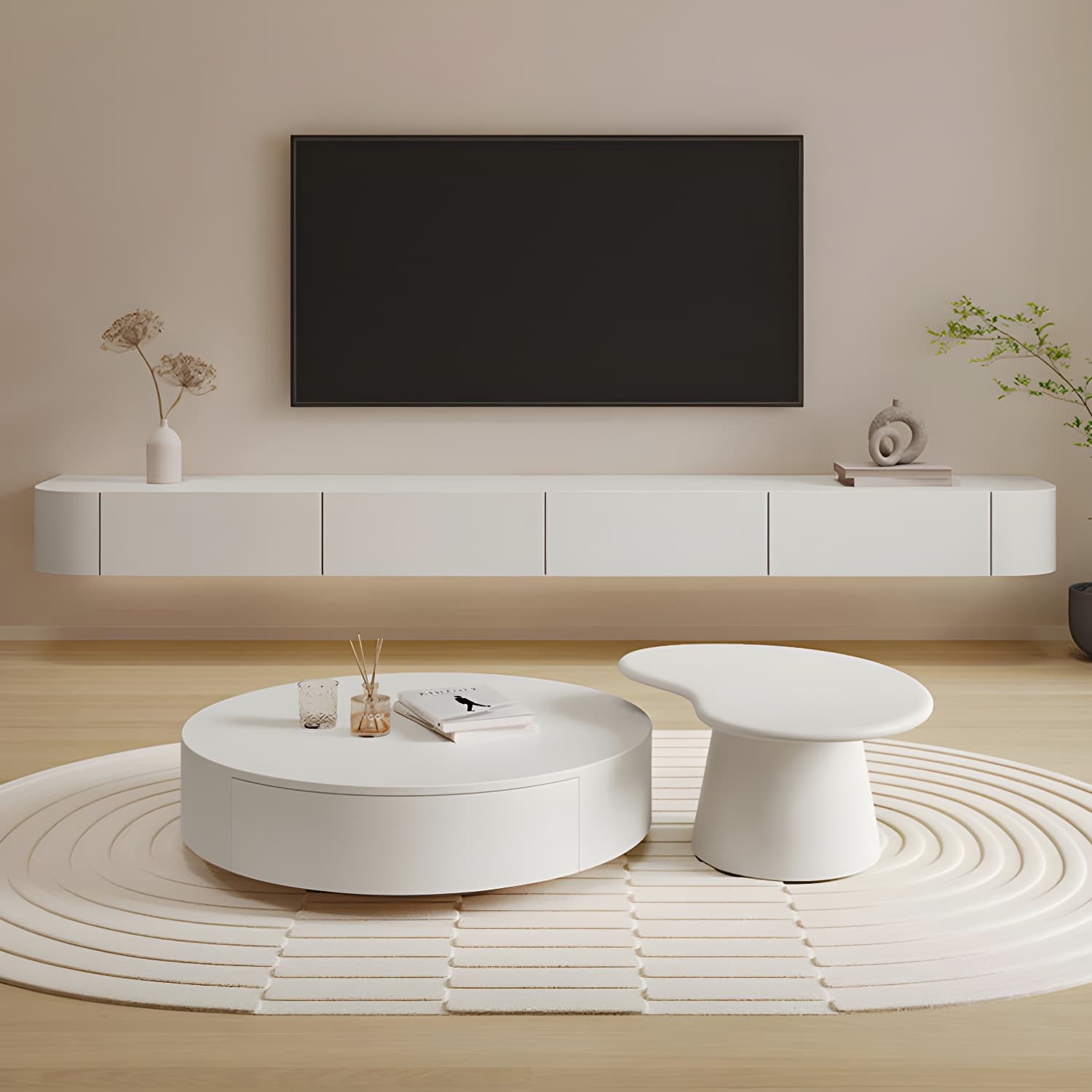 White Wall-mounted Media Stand with Drawers Contemporary TV Console, Faux Wood