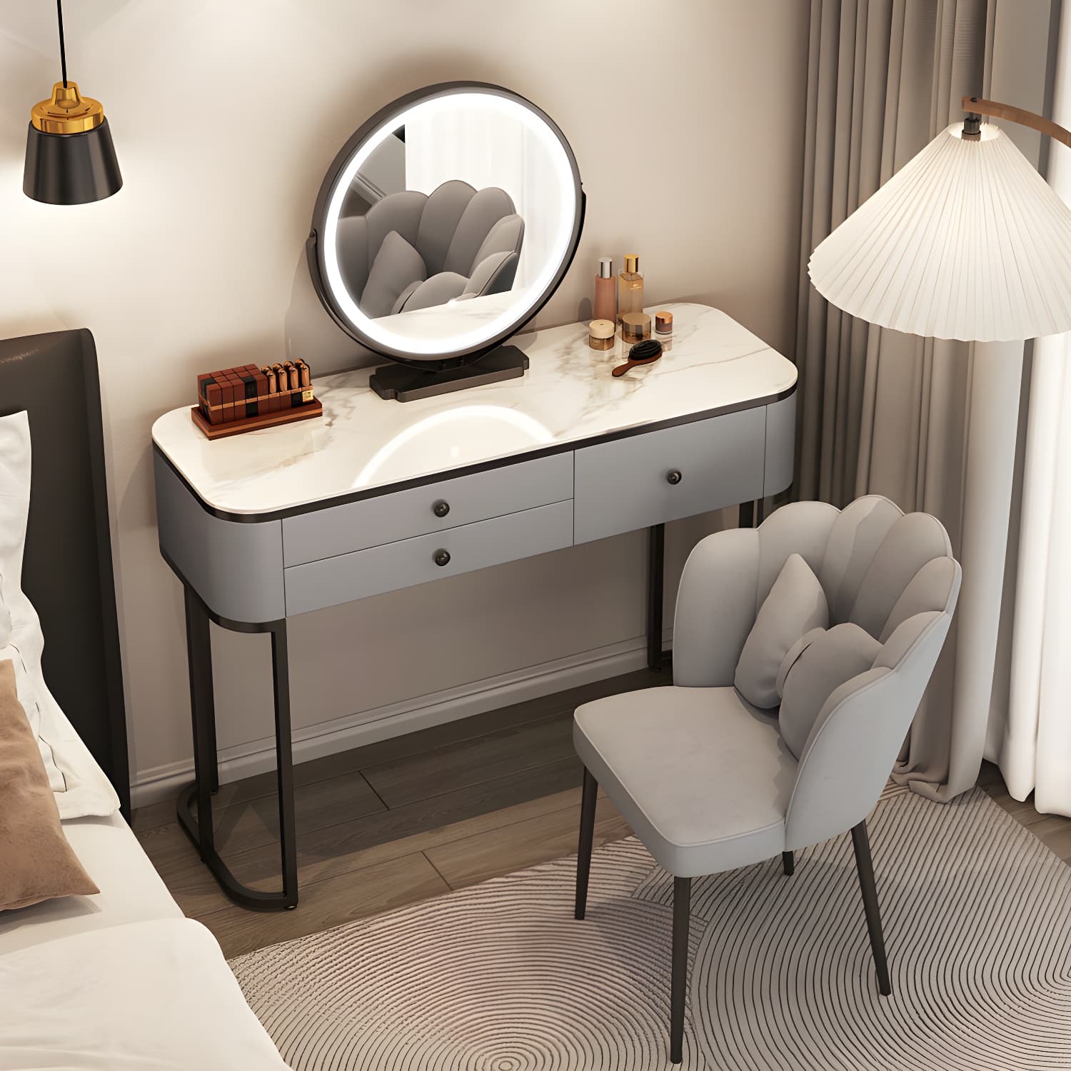 Contemporary Marble and Wood Vanity Table and Stool Set Glam Vanity Dressing Table - image 5